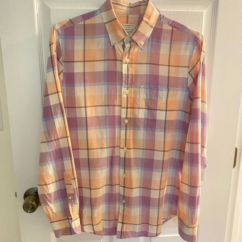 Club Monaco Men’s L/S Button Down, Size S, Peach/Lavender/White Plaid